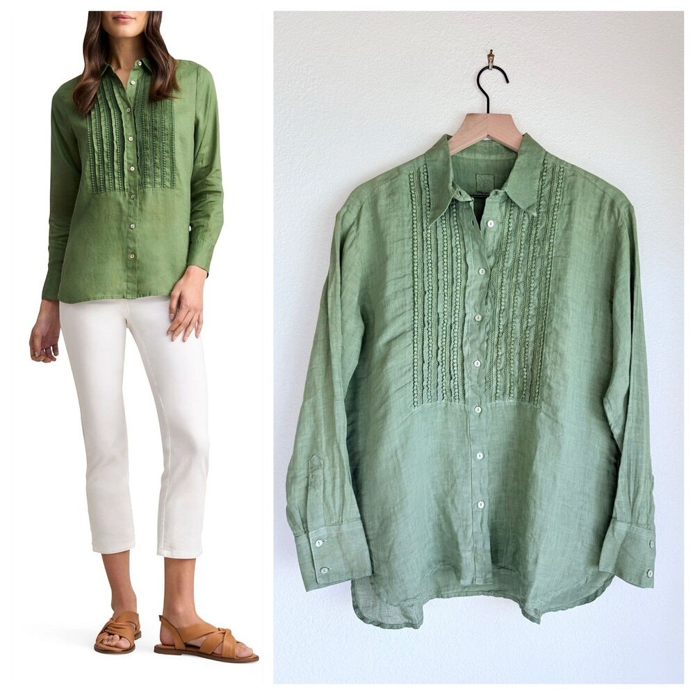NEW 120% Lino Women's Linen Tuxedo Embroidered Linen Blouse in Sage Green 42 (S)